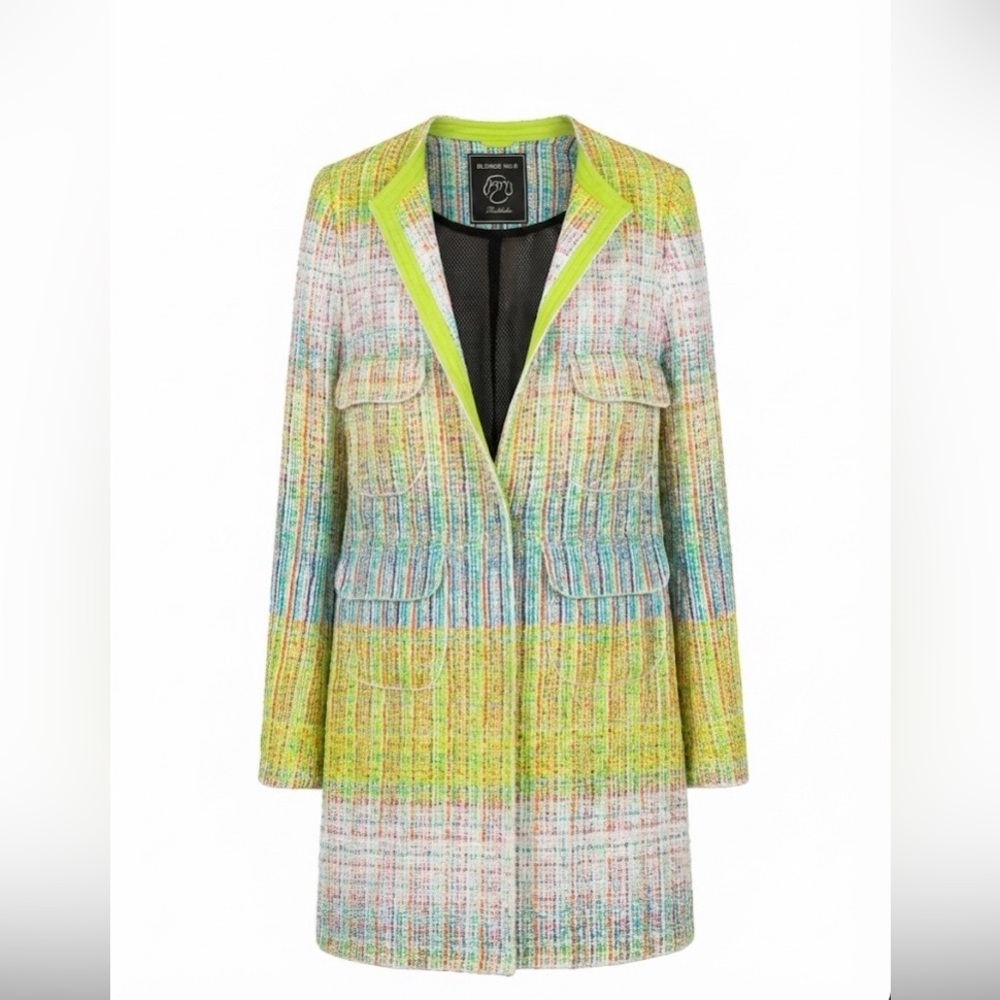 BLONDE No.8 STOCKHOLM Tweed Long Blazer Neon Trim Yellow Blue M Coat - Picture 2 of 16